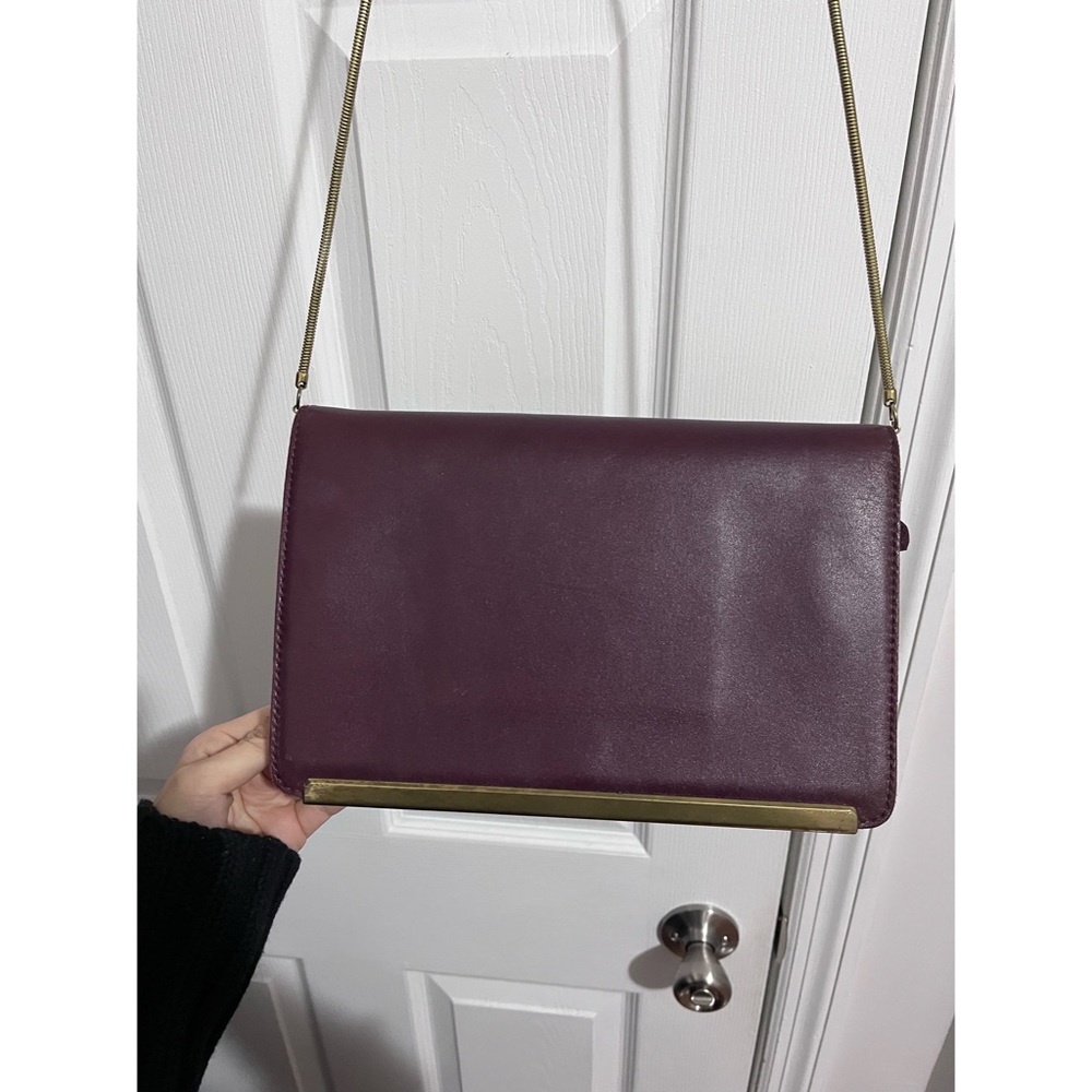 Madewell Vintage Burgundy Leather Clutch with Brass Chain and Details